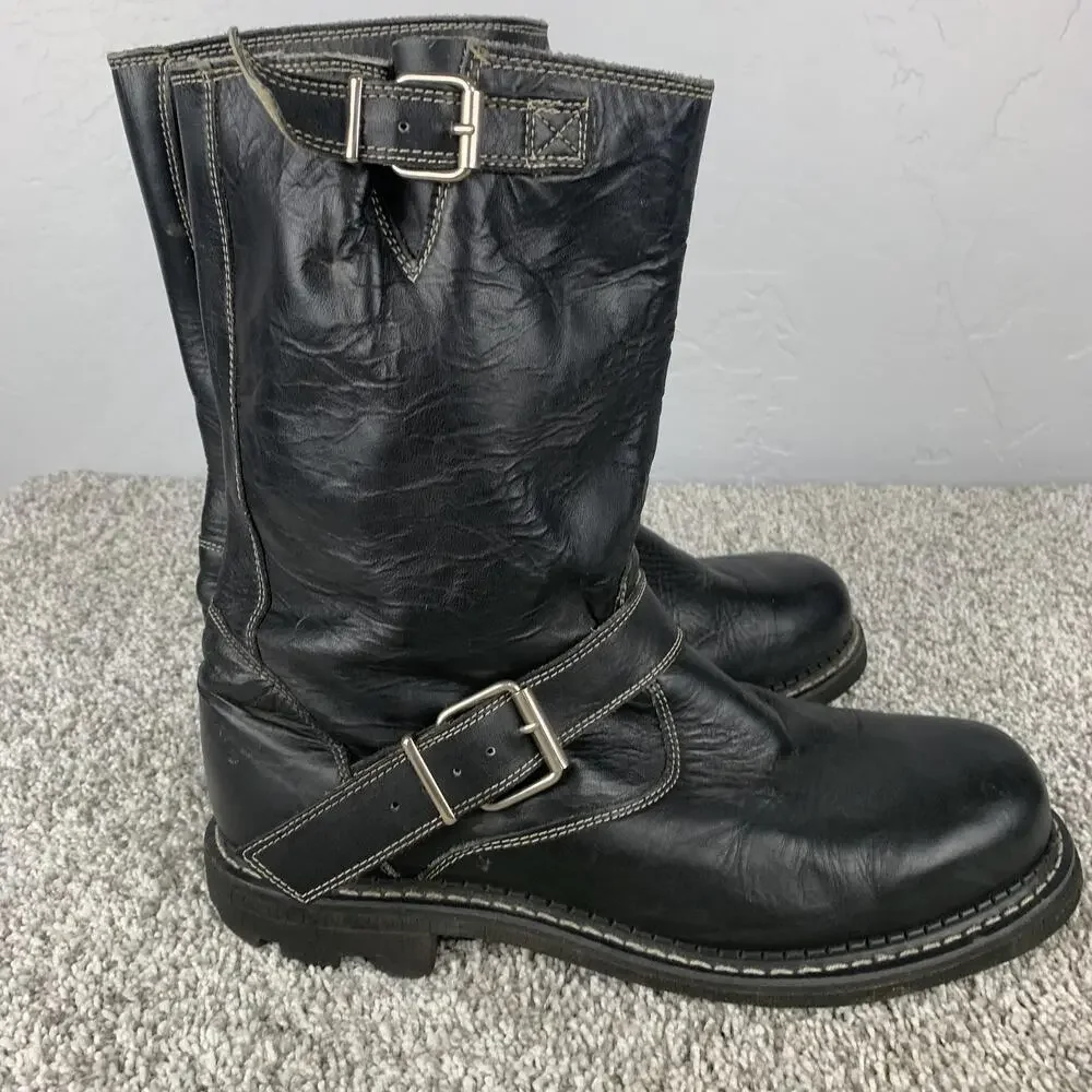John Fluevog Boots Mens Size 13 Leather Motorcycle Biker Grunge Punk Strap Sole